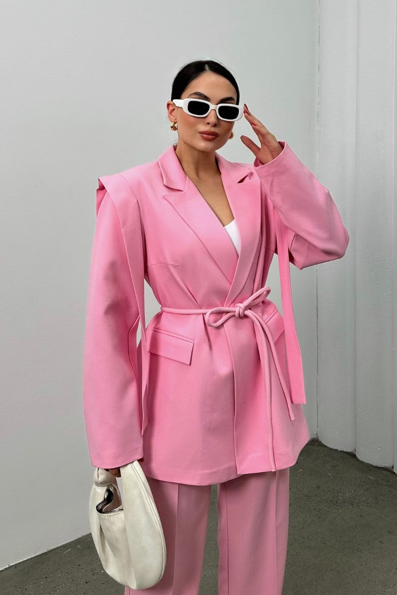 Kadın Oversize Blazer Ceket Kuşaklı Omuz Detaylı Açık Haki 36