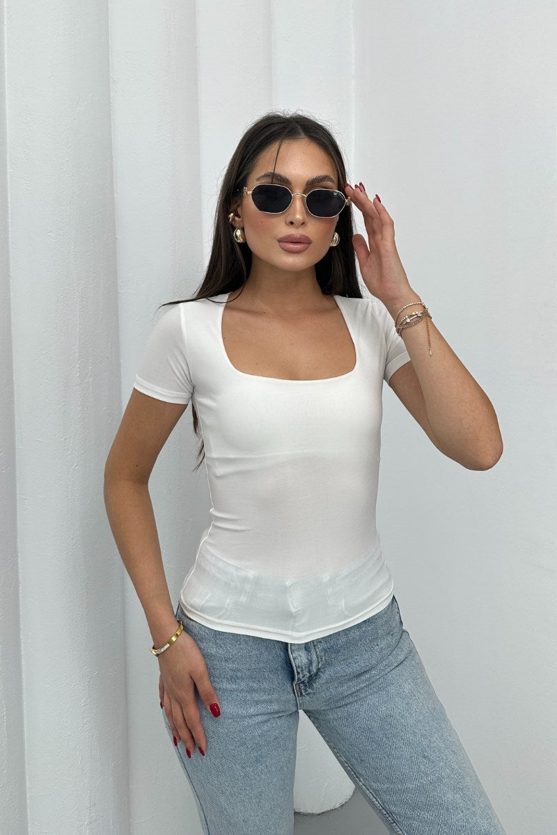Kadın Kısa Kollu T-Shirt Kare Yaka Çift Kat Sandy Kumaş Crop T-Shirt BEJ L