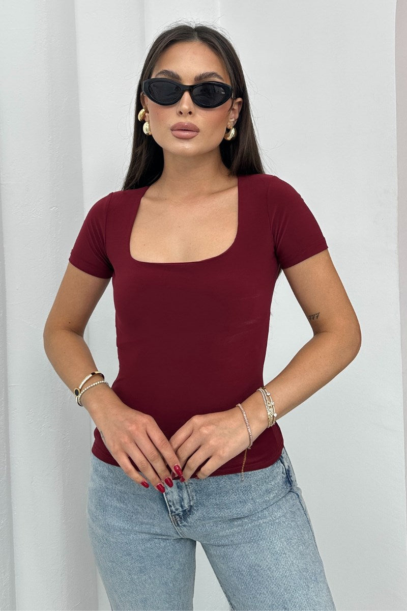 Kadın Kısa Kollu T-Shirt Kare Yaka Çift Kat Sandy Kumaş Crop T-Shirt Bordo