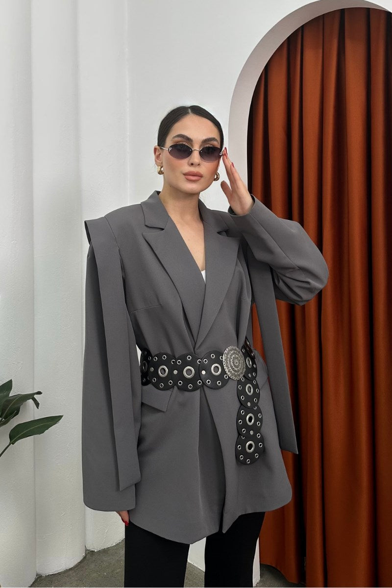 Kadın Oversize Blazer Ceket Kuşaklı Omuz Detaylı Gri