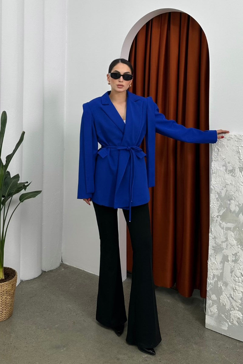 Kadın Oversize Blazer Ceket Kuşaklı Omuz Detaylı Açık Haki 36