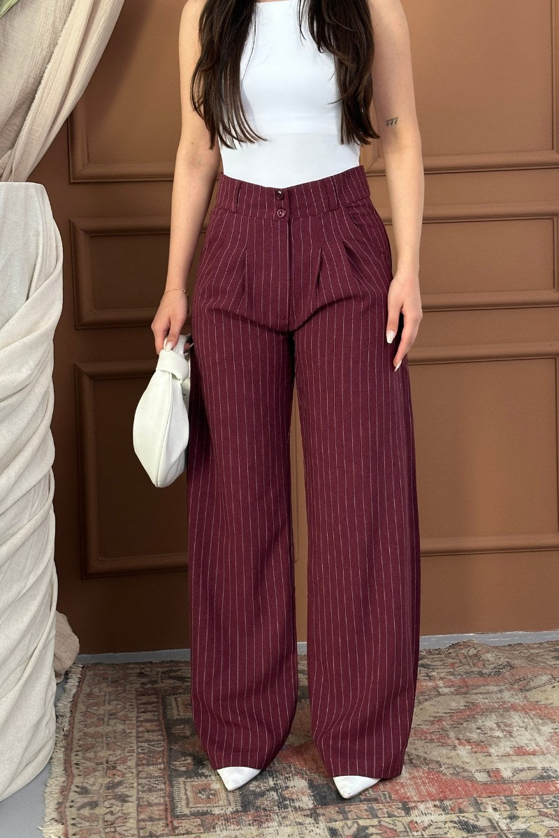 Kadın Pantolon Palazzo Çizgili Çift Düğme Detaylı Wide Leg Pantolon