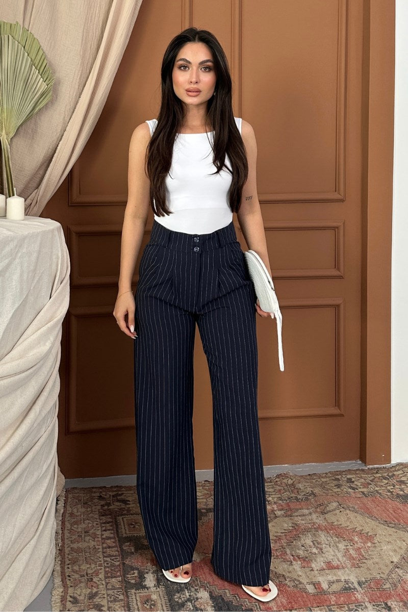Kadın Pantolon Palazzo Çizgili Çift Düğme Detaylı Wide Leg Pantolon Lacivert