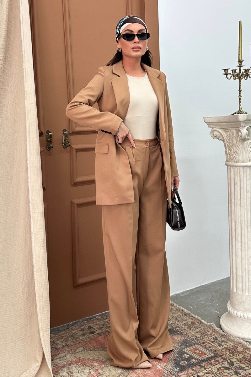 Kadın Palazzo Pantolon Düğmeli Bol Paça Çift Cepli Pantolon Camel