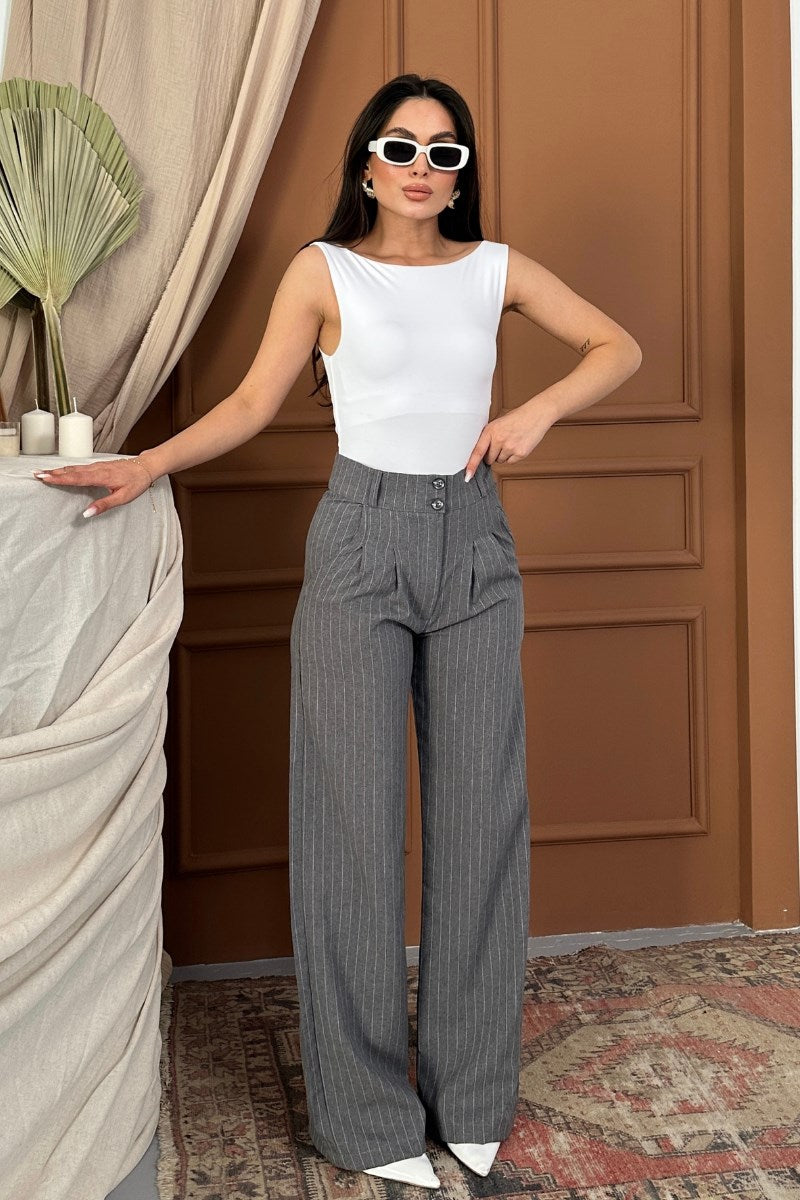 Kadın Pantolon Palazzo Çizgili Çift Düğme Detaylı Wide Leg Pantolon Koyu Gri