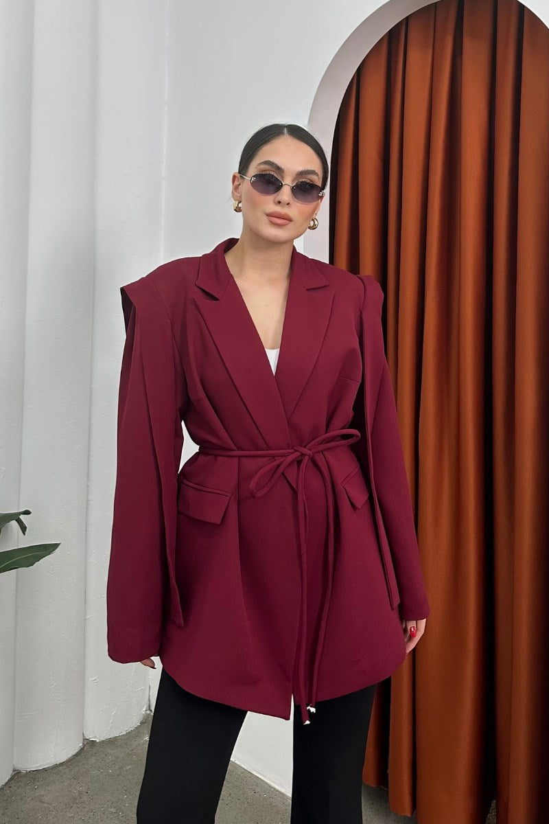 Kadın Oversize Blazer Ceket Kuşaklı Omuz Detaylı Açık Haki 36