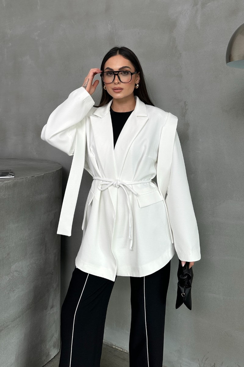Kadın Oversize Blazer Ceket Kuşaklı Omuz Detaylı Açık Haki 36