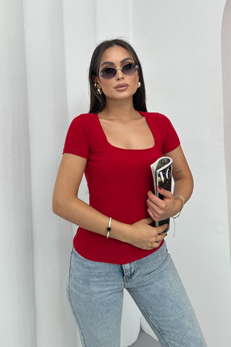 Kadın Kısa Kollu T-Shirt Kare Yaka Çift Kat Sandy Kumaş Crop T-Shirt BEJ L