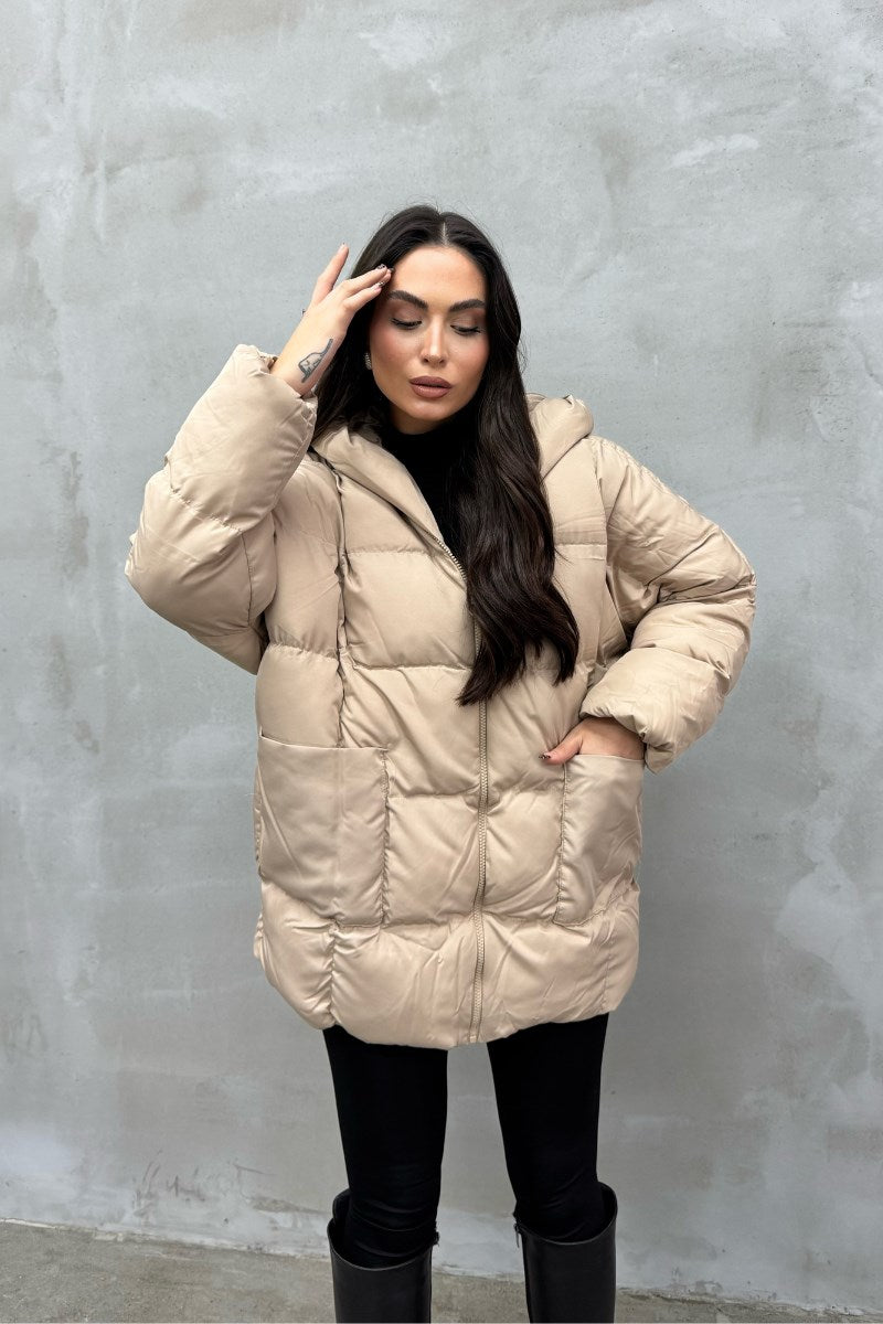 Kadın Kapüşonlu Yarasa Kollu Oversize Şişme Mont BEJ Standart