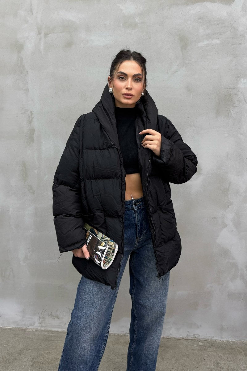 Kadın Kapüşonlu Yarasa Kollu Oversize Şişme Mont Siyah Standart