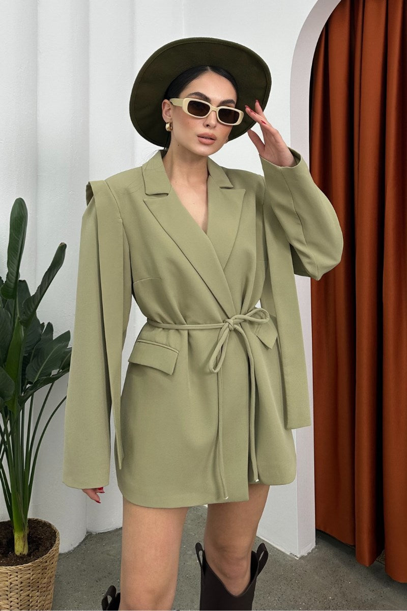 Kadın Oversize Blazer Ceket Kuşaklı Omuz Detaylı Açık Haki 36