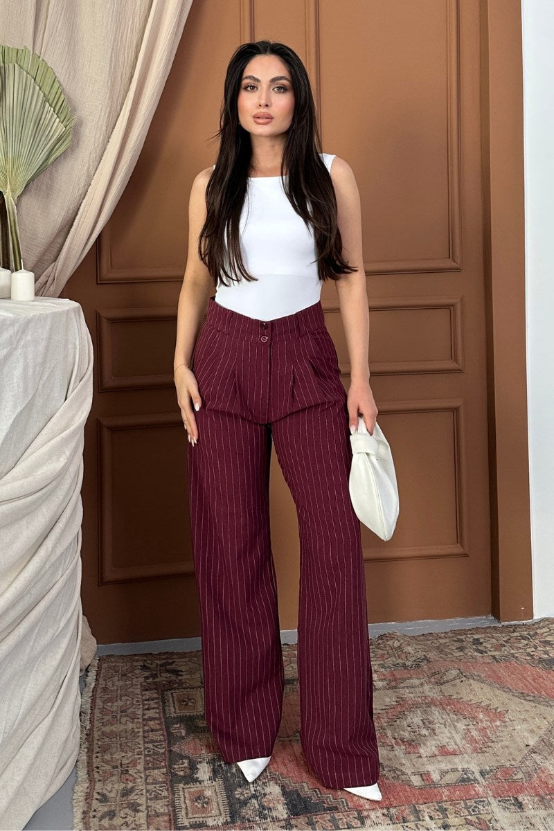 Kadın Pantolon Palazzo Çizgili Çift Düğme Detaylı Wide Leg Pantolon 36 Açık Gri