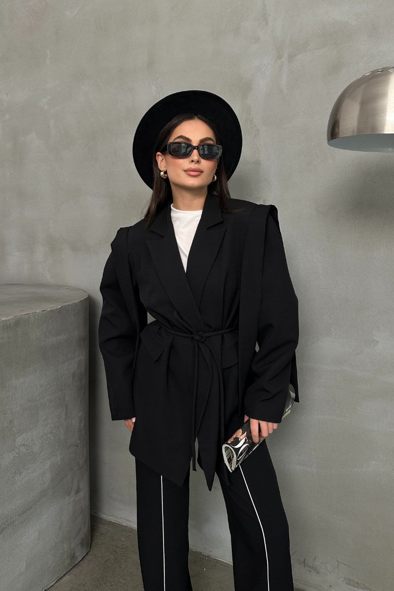 Kadın Oversize Blazer Ceket Kuşaklı Omuz Detaylı Açık Haki 36