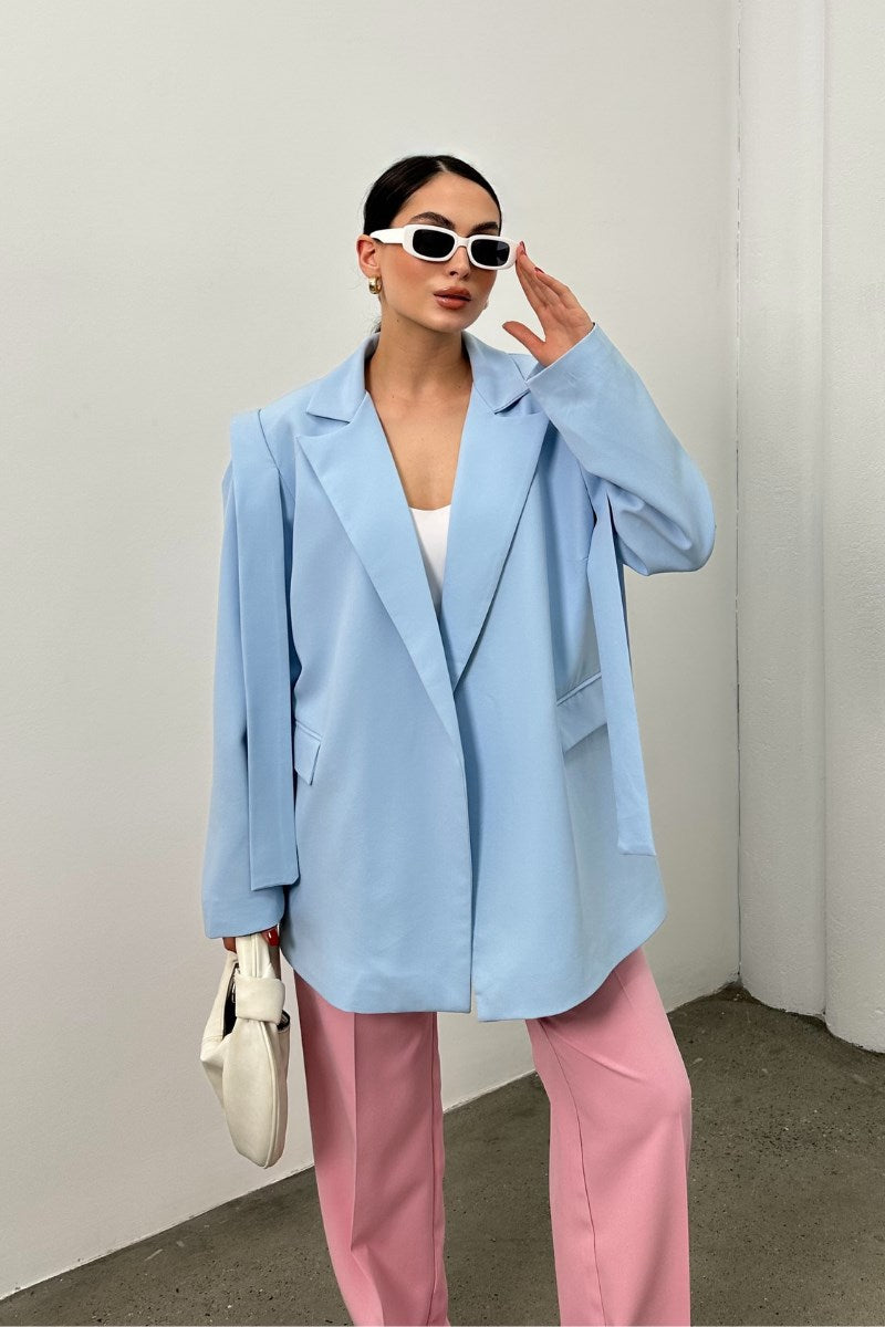 Kadın Oversize Blazer Ceket Kuşaklı Omuz Detaylı Açık Haki 36