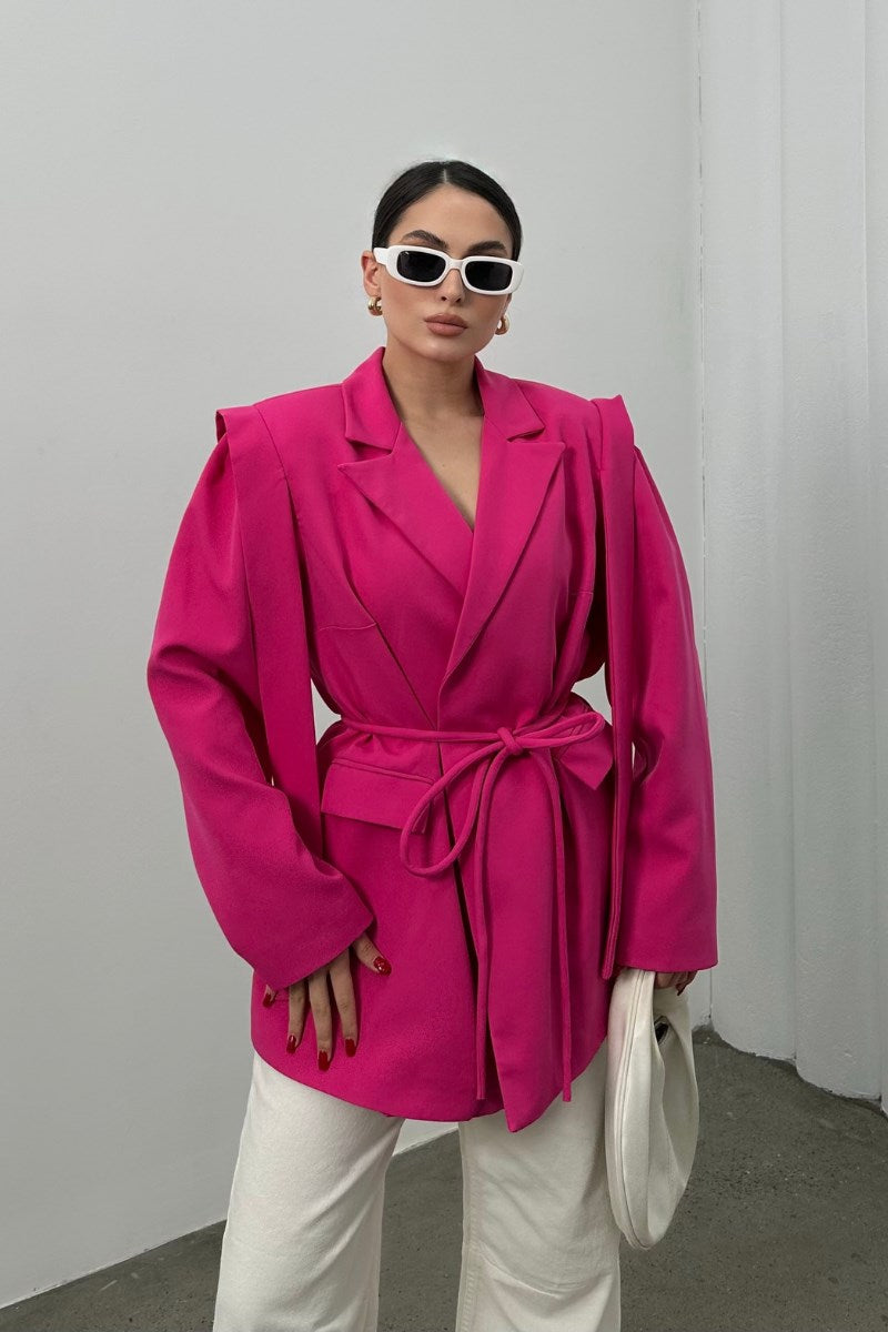 Kadın Oversize Blazer Ceket Kuşaklı Omuz Detaylı Fuşya