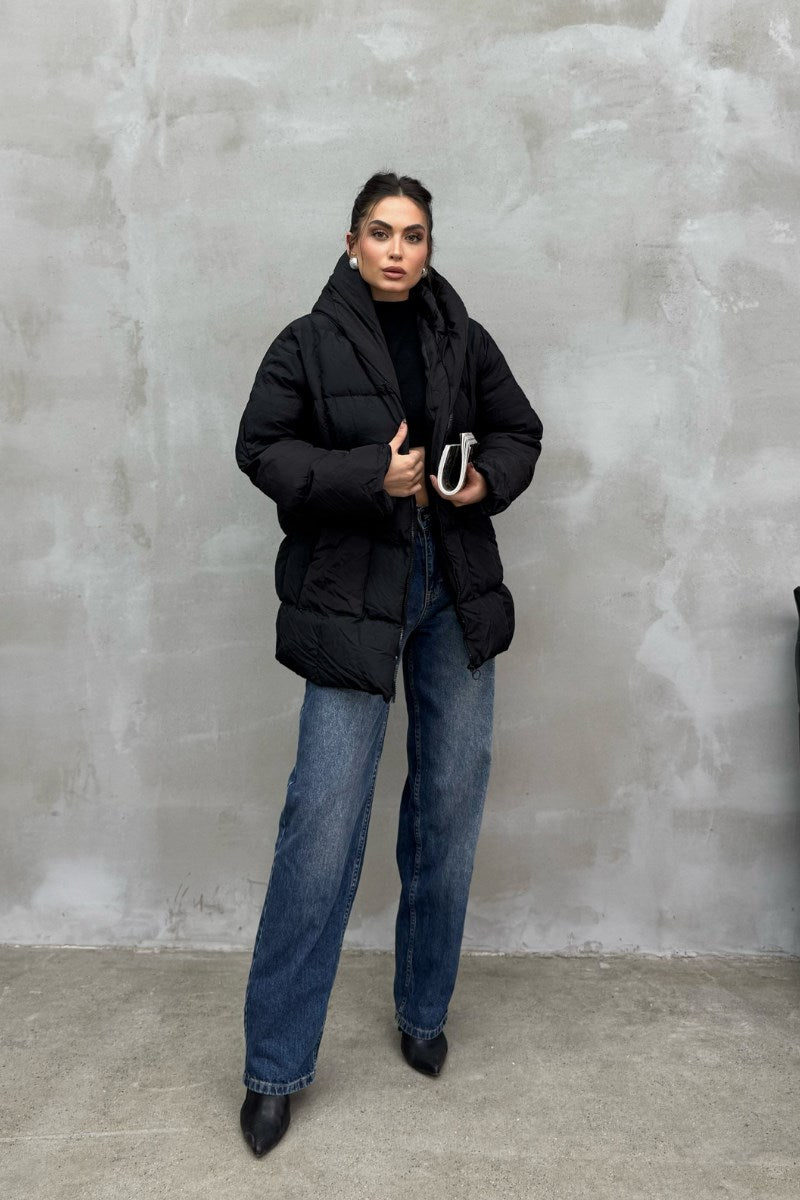 Kadın Kapüşonlu Yarasa Kollu Oversize Şişme Mont