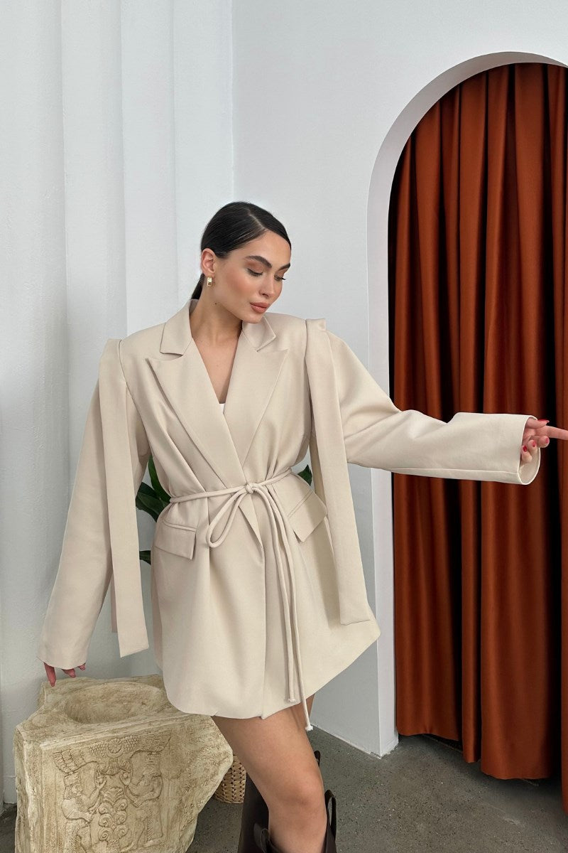 Kadın Oversize Blazer Ceket Kuşaklı Omuz Detaylı Açık Haki 36