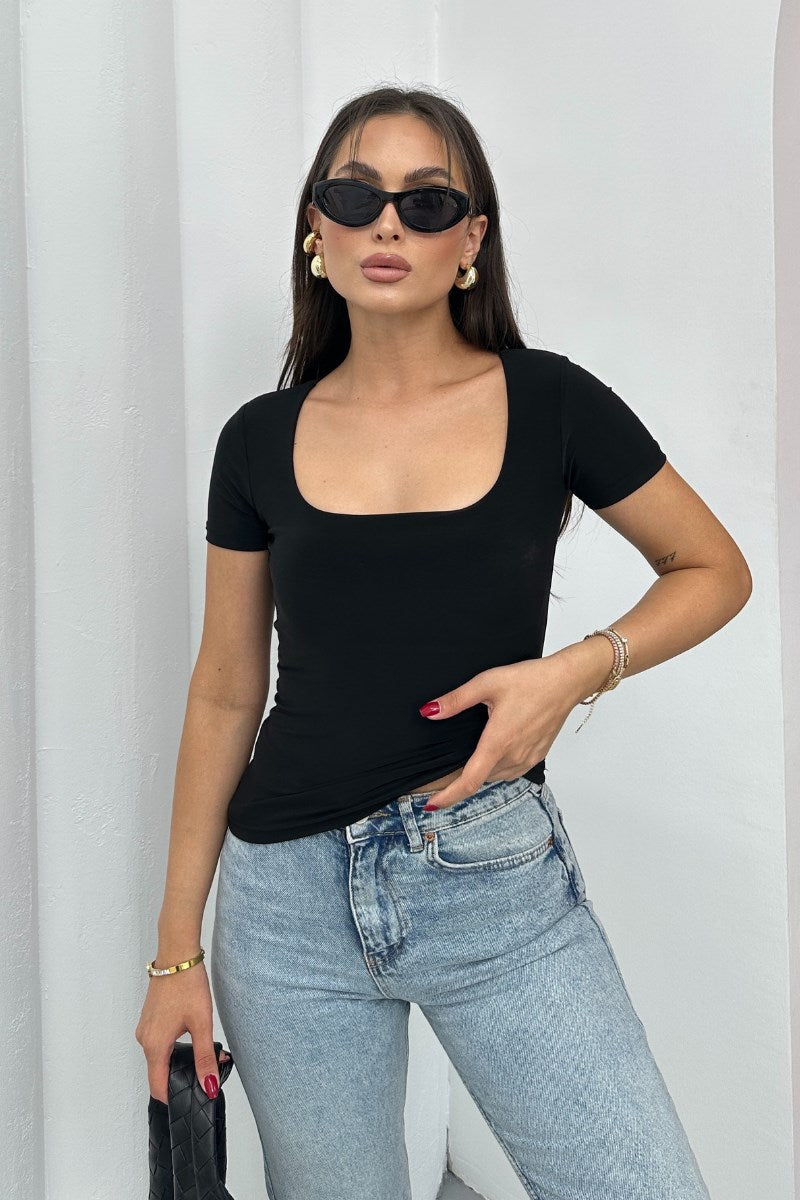 Kadın Kısa Kollu T-Shirt Kare Yaka Çift Kat Sandy Kumaş Crop T-Shirt Siyah