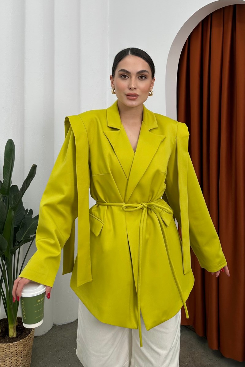 Kadın Oversize Blazer Ceket Kuşaklı Omuz Detaylı Limon Yeşili