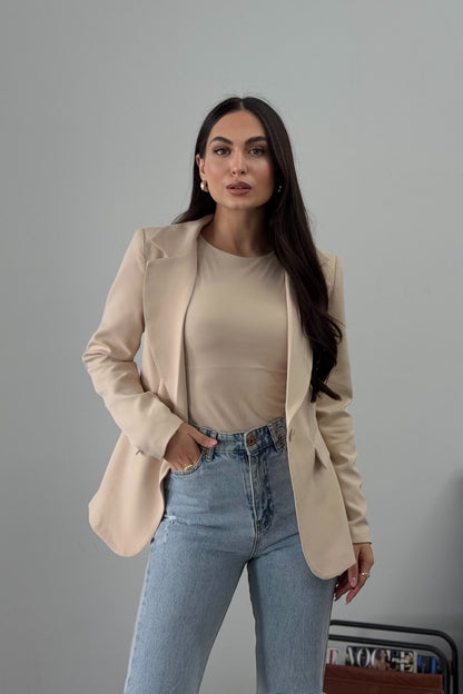 Kadın Blazer Ceket Kısa Düğmeli Astarlı Vatkalı Ceket BEJ 36