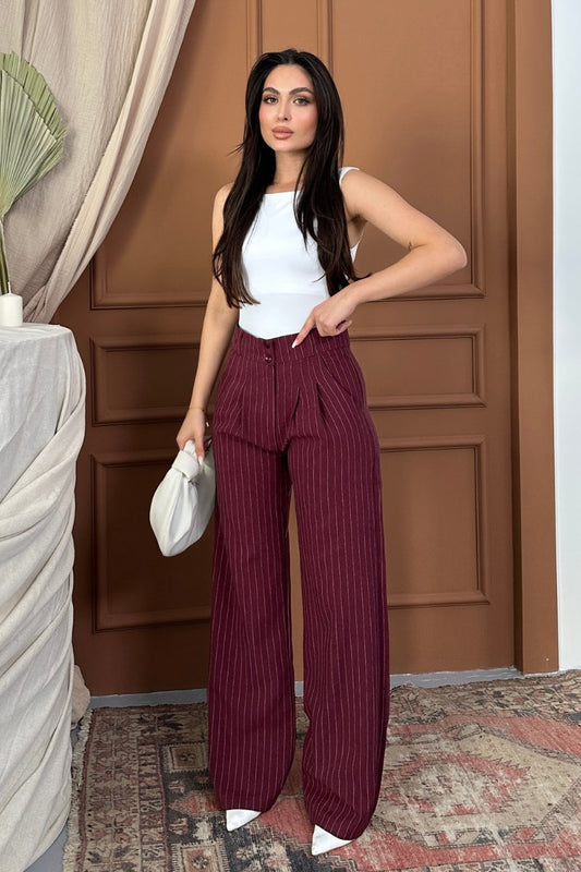 Kadın Pantolon Palazzo Çizgili Çift Düğme Detaylı Wide Leg Pantolon