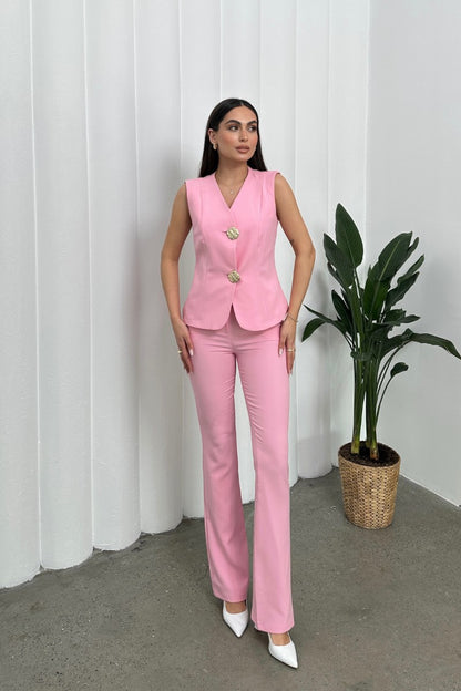 Kadın Alt Üst Takım Şık Düğme Detaylı Yelek Pantolon İkili Takım Pembe