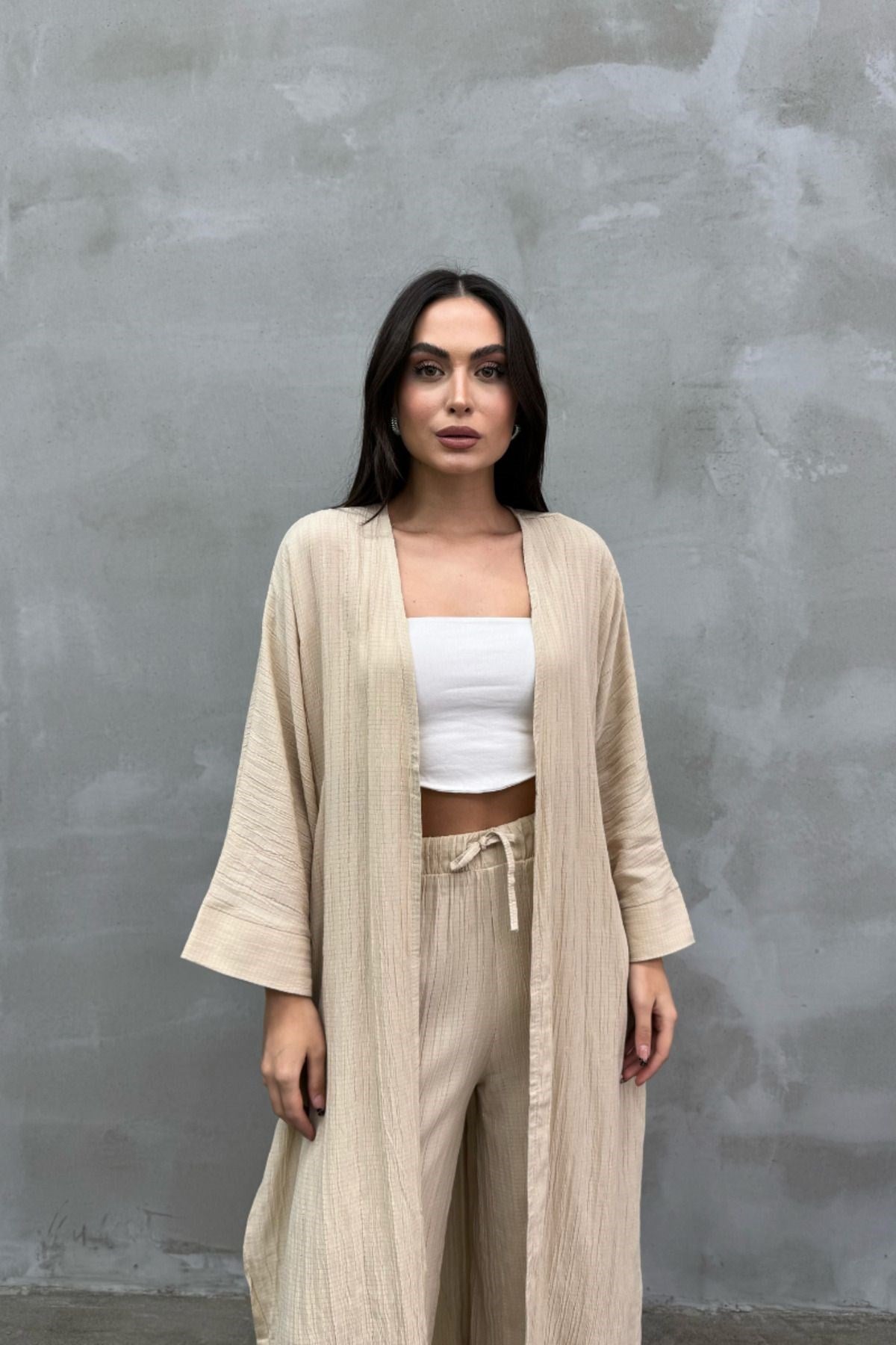 Kadın Yırtmaçlı Gofre Ikili Kimono Takım