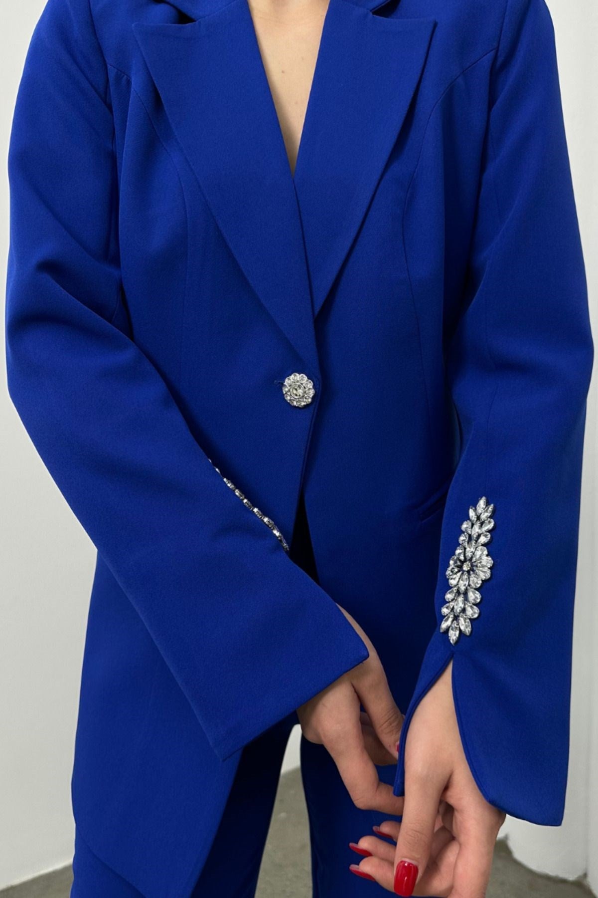 Kadın Ikili Takım Taş Detaylı Boru Paça Blazer Ceket Pantolon Takım
