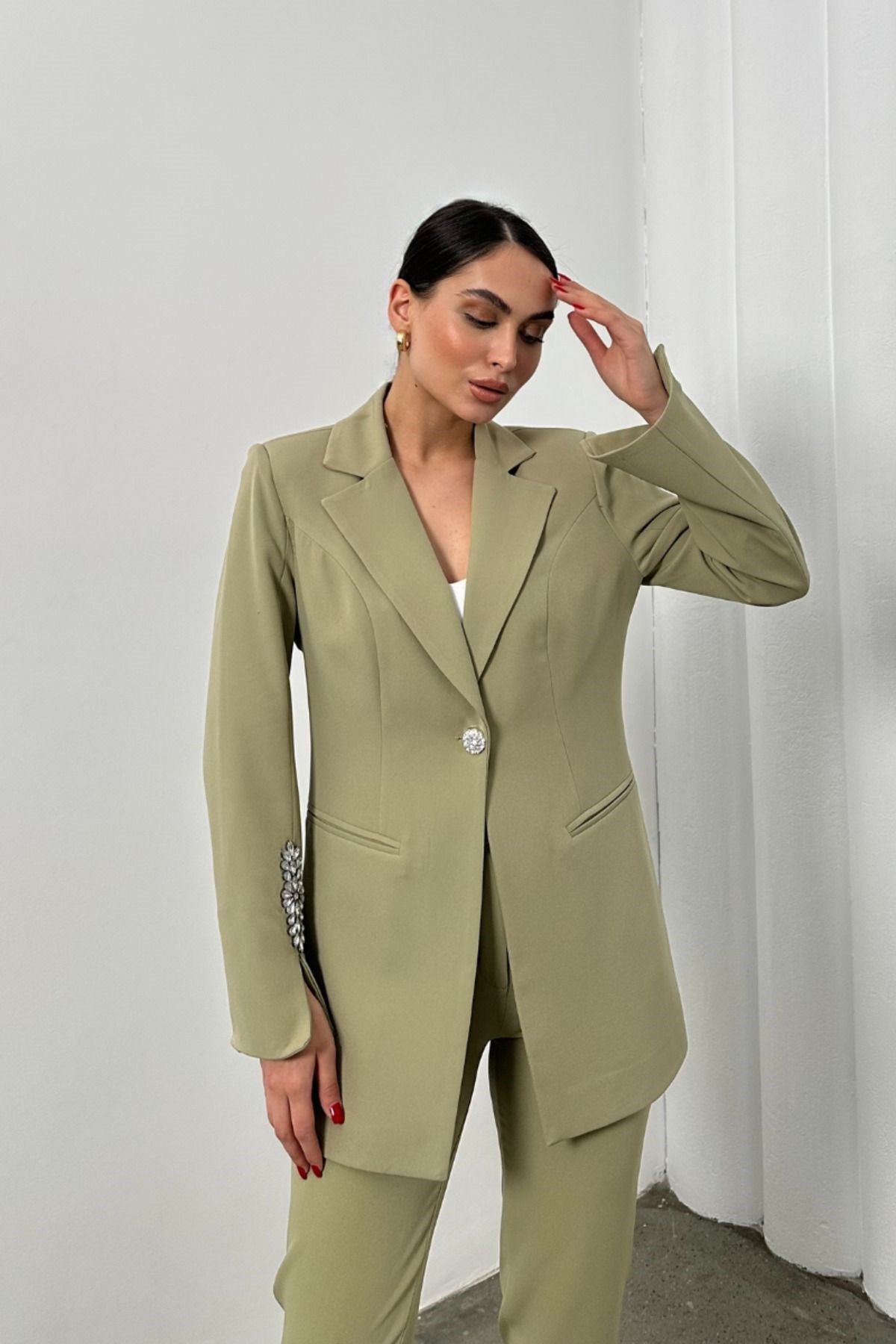 Kadın Ikili Takım Taş Detaylı Boru Paça Blazer Ceket Pantolon Takım