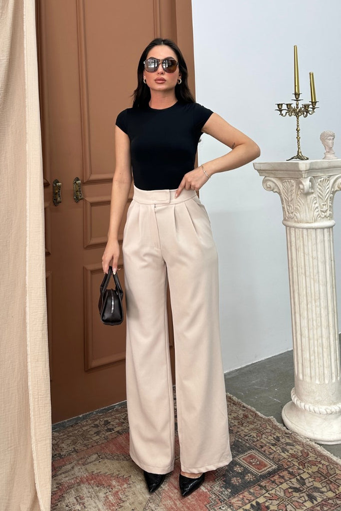 Kadın Palazzo Pantolon Beli Cırtlı Çift Cepli Bol Paça Pantolon