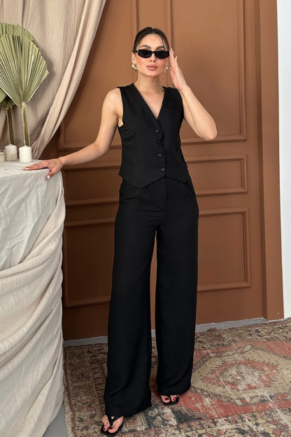 Kadın Alt Üst Takım Keten Düğmeli V Yaka Yelek Bol Paça Pantolon Takım BEBE MAVİSİ L
