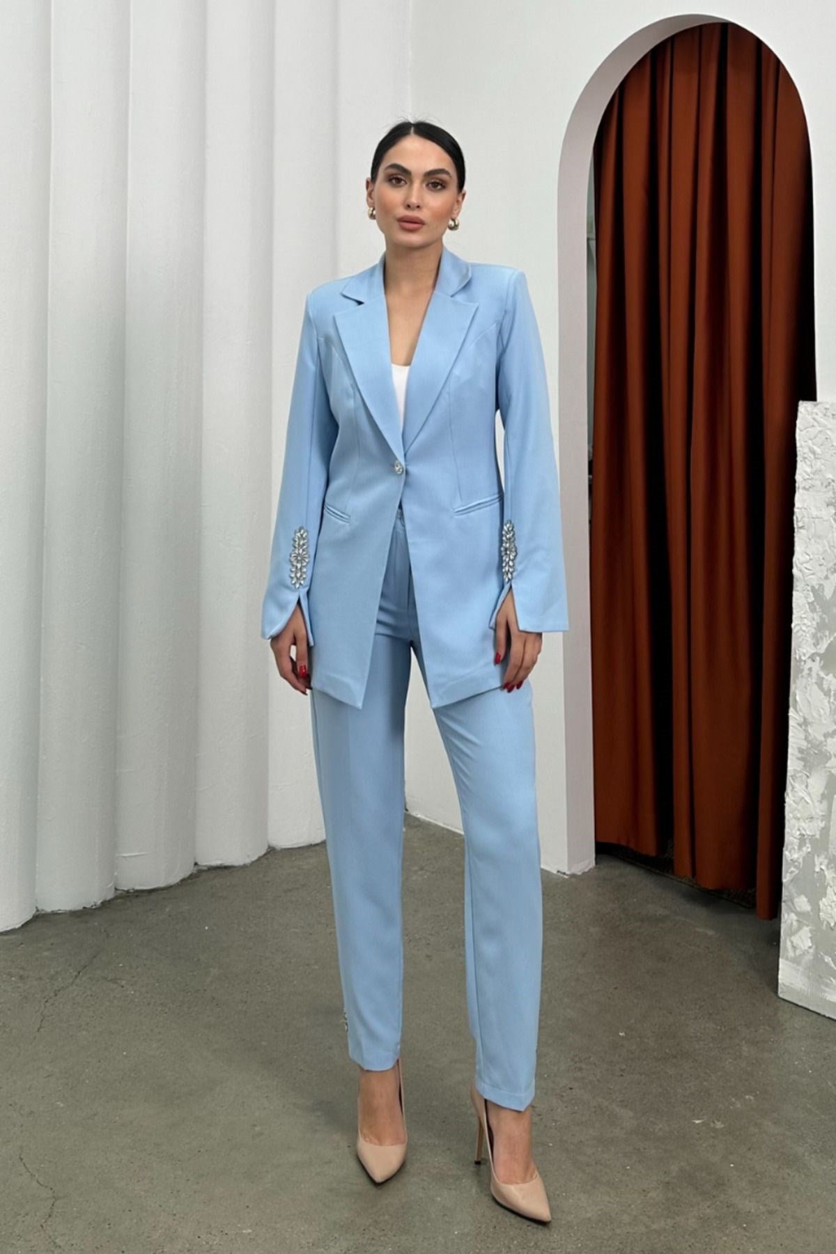 Kadın Ikili Takım Taş Detaylı Boru Paça Blazer Ceket Pantolon Takım BEBE MAVİSİ